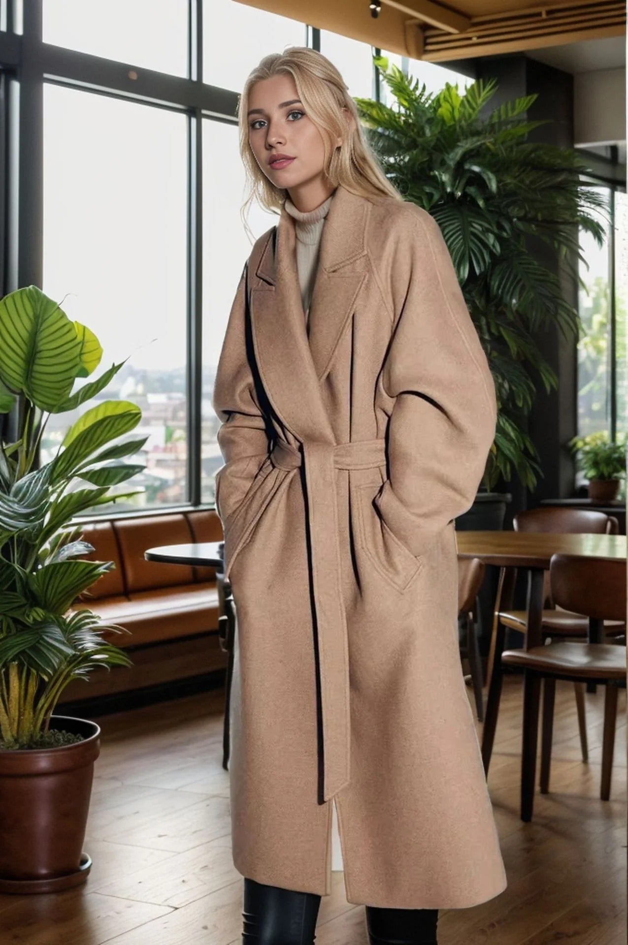 Inderra Damen Trenchcoat Midi-Länge Baumwolle Mit Bindegürtel Schwarz - Eveloria