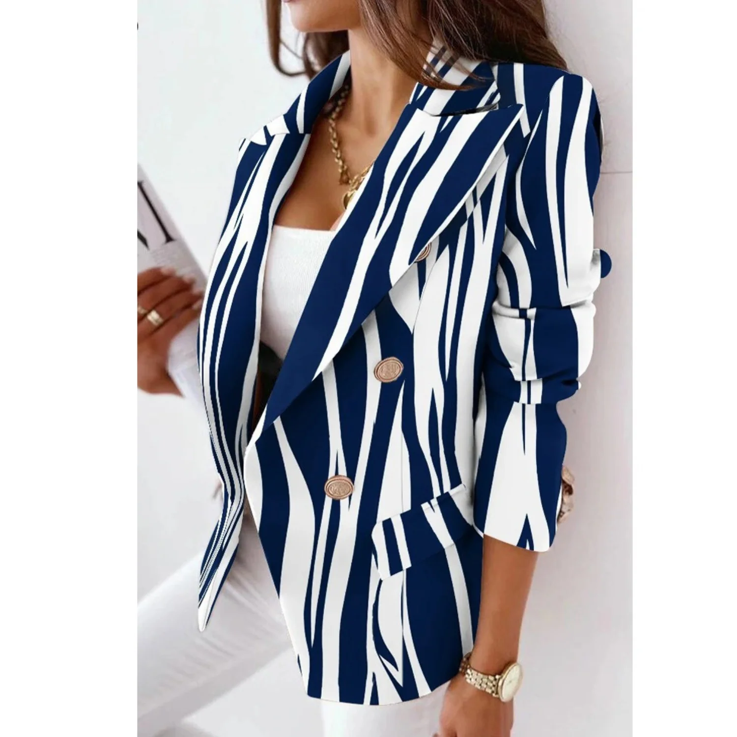 Damen Blazer Tailored Fit Reverskragen Doppelreiher Elegant Muster - Eveloria