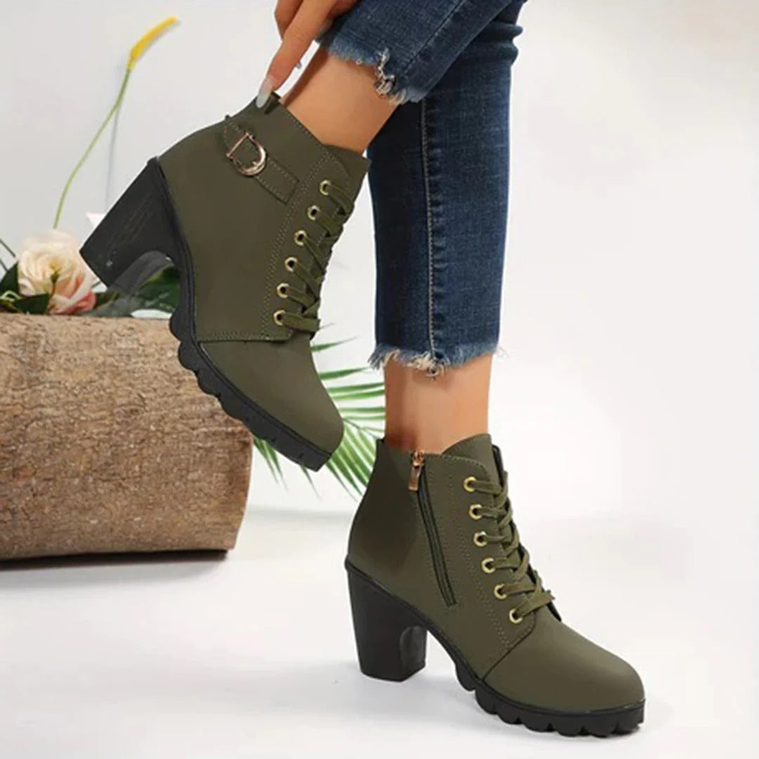Damen Stiefeletten Chunky Blockabsatz Schnürung