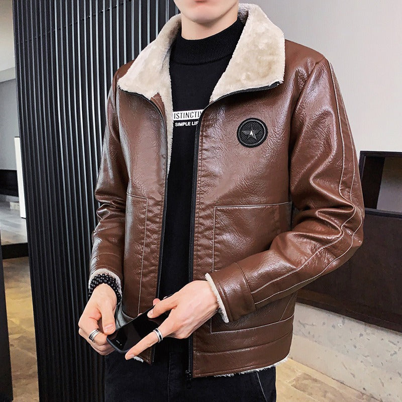 Herren Kunstlederjacke Regular Fit Fleecekragen