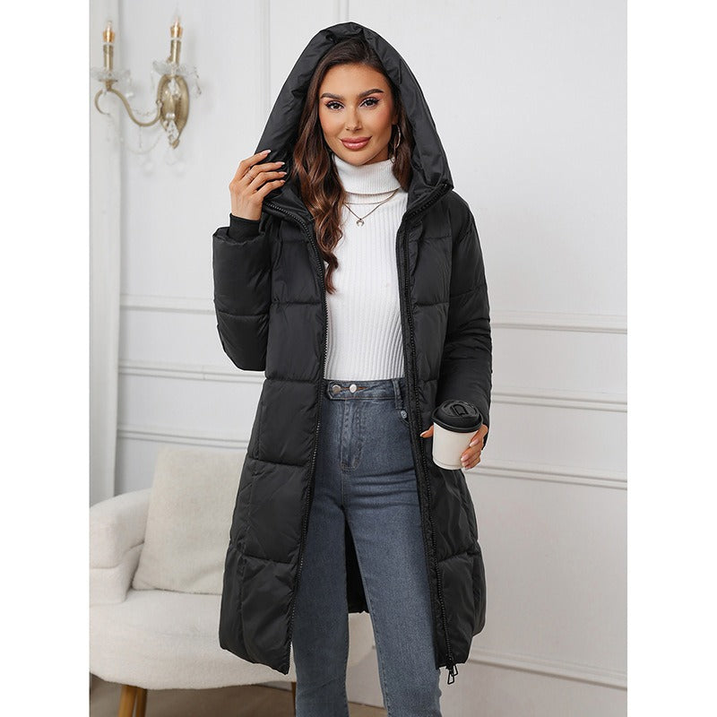 Damen Steppmantel Slim Fit Wattiert Halblang mit Kapuze Schwarz - Eveloria