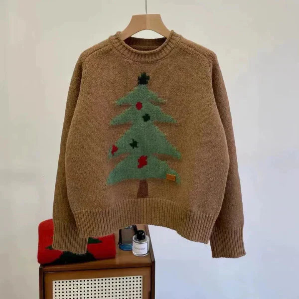 Eveloria Damen Pullover Wollstrick Rundhalsausschnitt Baumgrafik