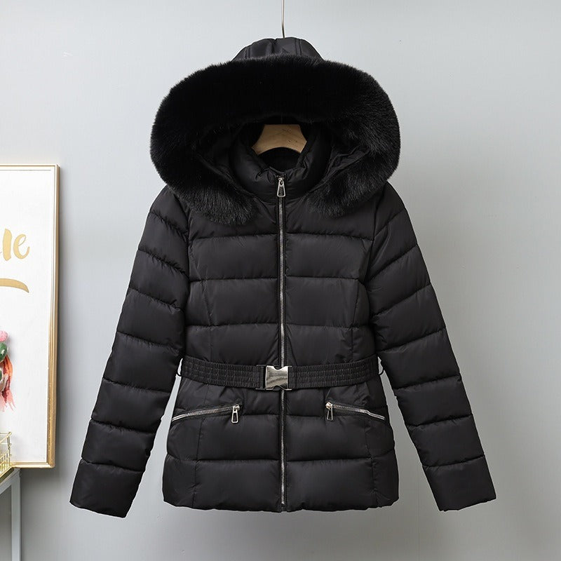 Damen Pufferjacke mit Gürtel und Fellkapuze Schwarz - Eveloria