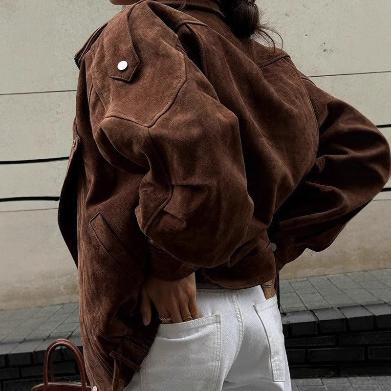 Damen Bomberjacke Oversized Wildleder-Look Asymmetrisch
