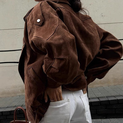 Damen Bomberjacke Oversized Wildleder-Look Asymmetrisch
