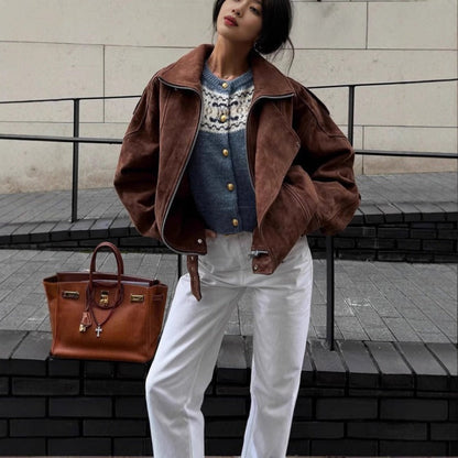 Damen Bomberjacke Oversized Wildleder-Look Asymmetrisch