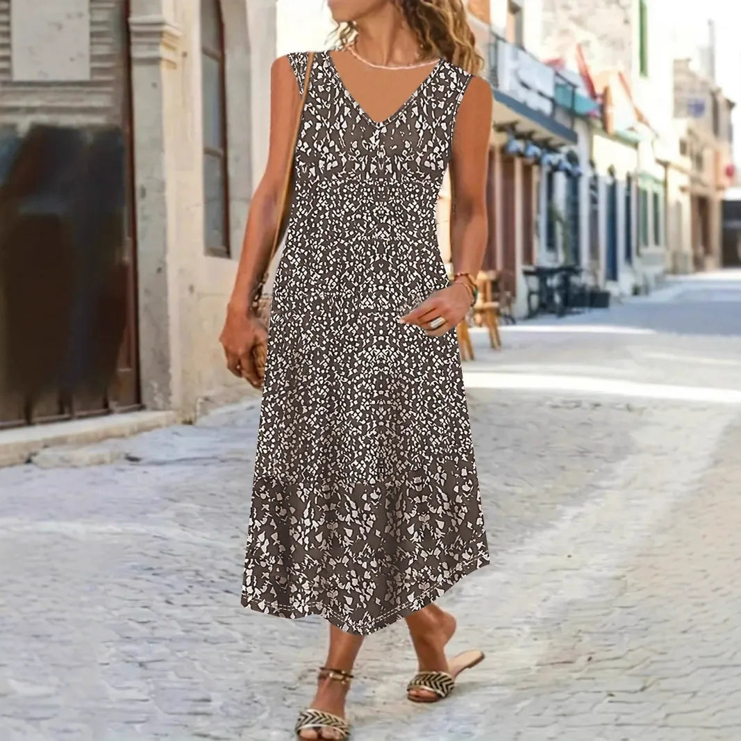Damen Maxi Sommerkleid Blumenmuster V-Ausschnitt Ärmellos - Eveloria