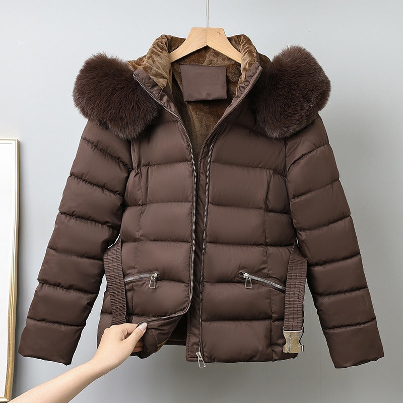 Damen Pufferjacke mit Gürtel und Fellkapuze
