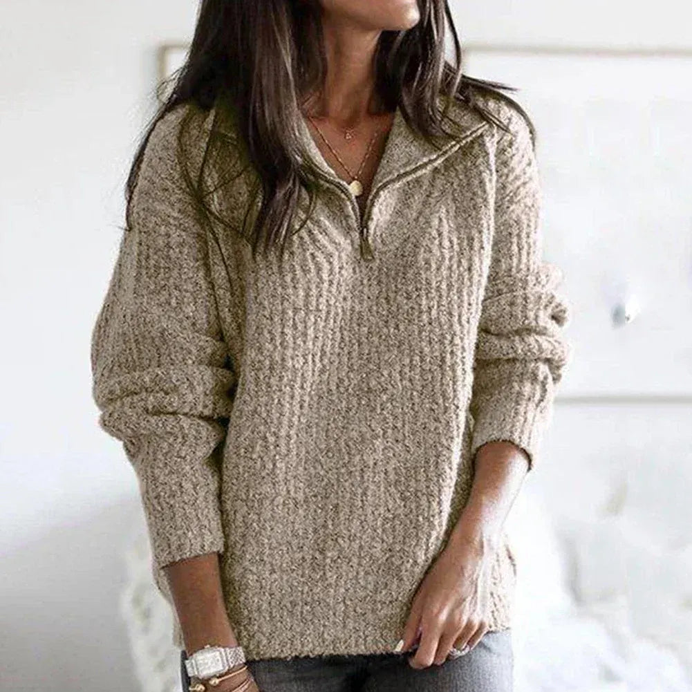 Eveloria Damen Halb-Zip Pullover Weiche Wolle Grobstrick Beige