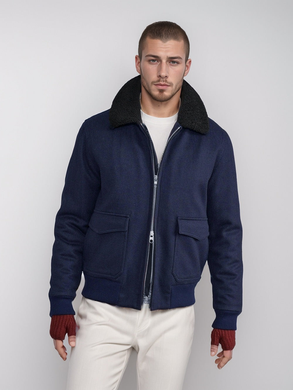 Herren Bomberjacke Shearling Kragen Zwei-Wege-Reißverschluss Schwarz - Eveloria