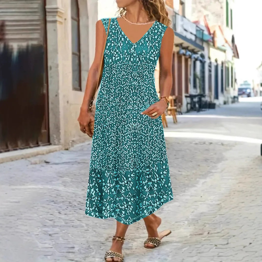Damen Maxi Sommerkleid Blumenmuster V-Ausschnitt Ärmellos
