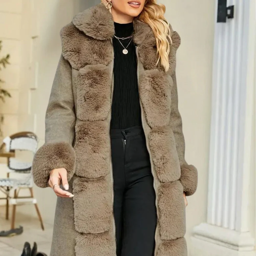 Damen Trenchcoat Wollmix Relaxed Fit Kunstfell
