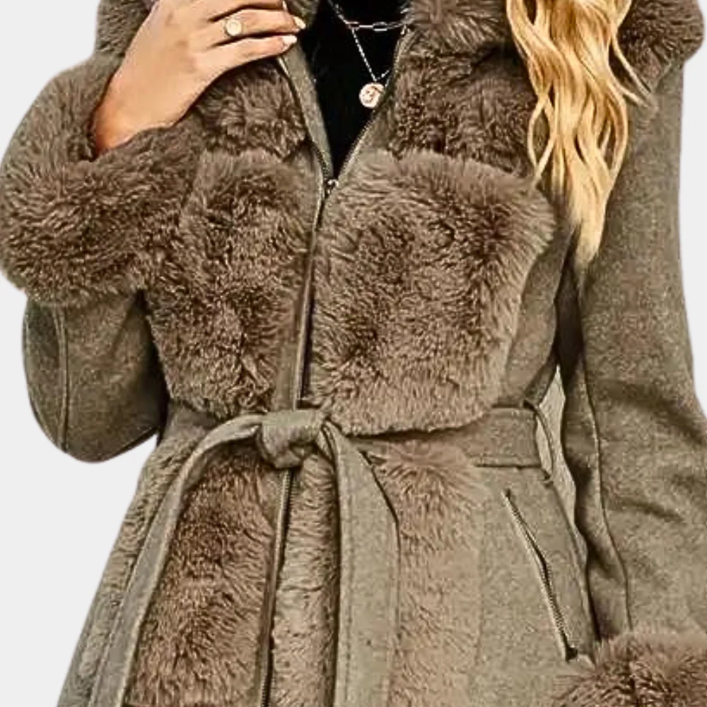 Damen Trenchcoat Wollmix Relaxed Fit Kunstfell