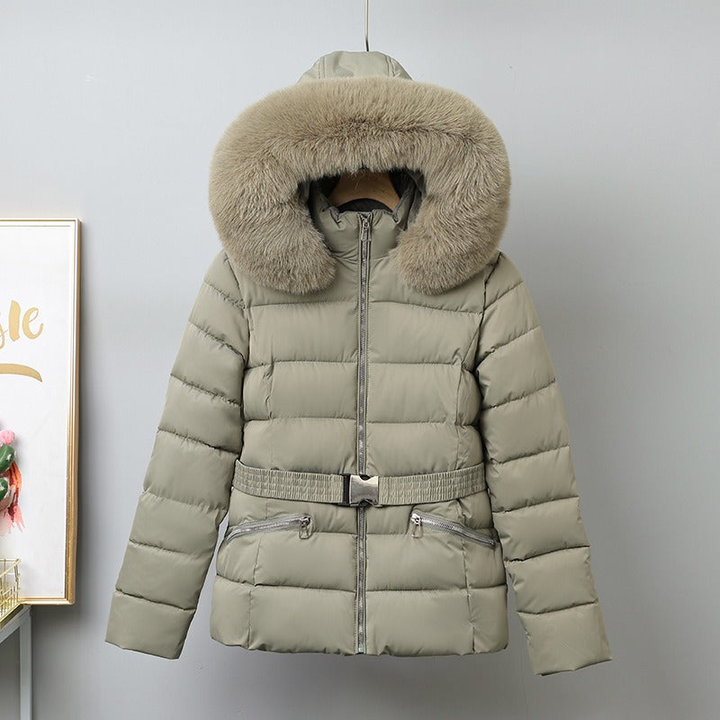 Damen Pufferjacke mit Gürtel und Fellkapuze