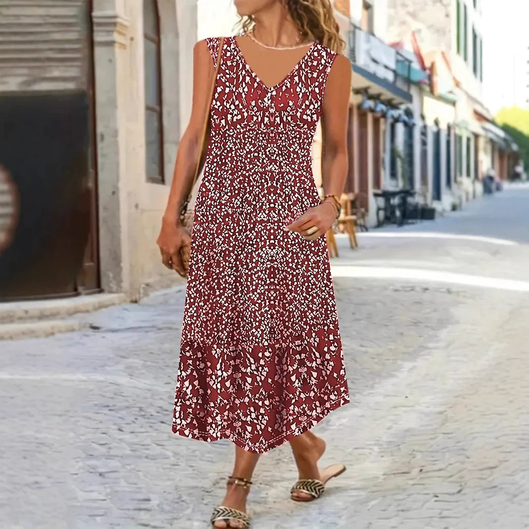 Damen Maxi Sommerkleid Blumenmuster V-Ausschnitt Ärmellos