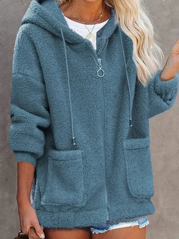 Damen Teddyjacke Oversized Kapuze Reißverschluss - Eveloria