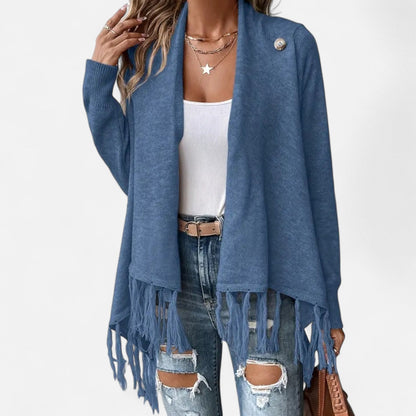 Damen Fransen-Pullover V-Ausschnitt Strickpullover Braun