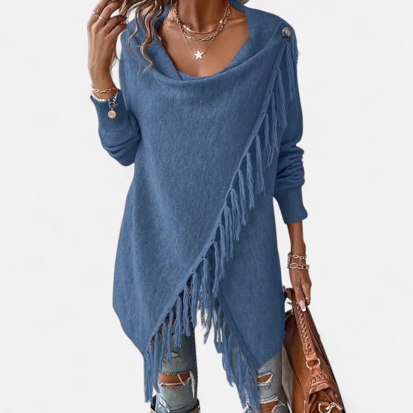 Damen Fransen-Pullover V-Ausschnitt Strickpullover Braun
