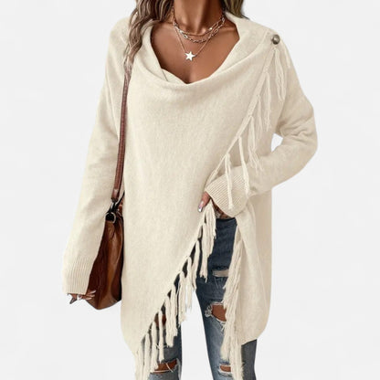 Damen Fransen-Pullover V-Ausschnitt Strickpullover Braun