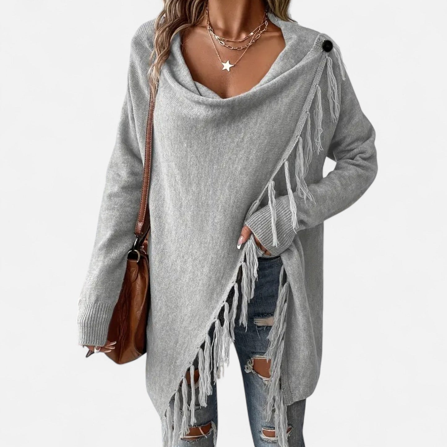 Damen Fransen-Pullover V-Ausschnitt Strickpullover Braun