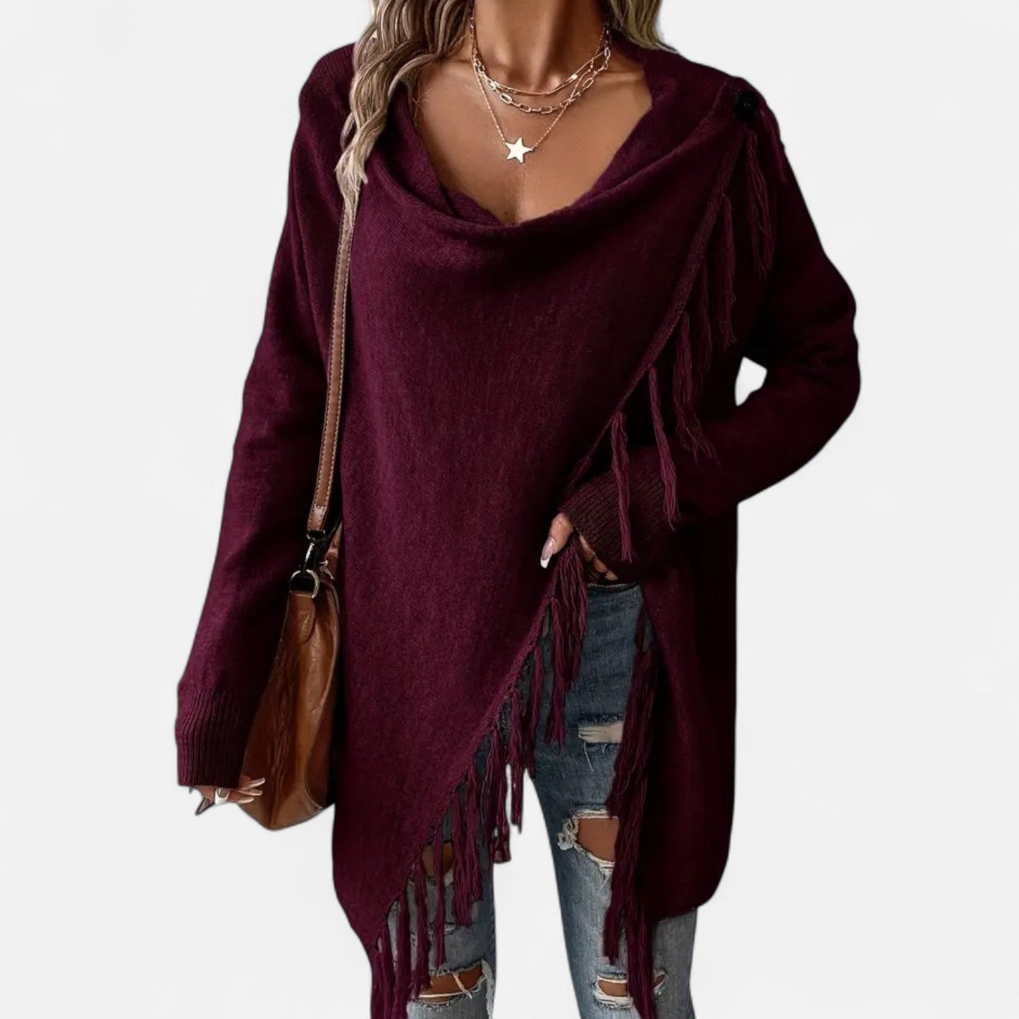 Damen Fransen-Pullover V-Ausschnitt Strickpullover Braun
