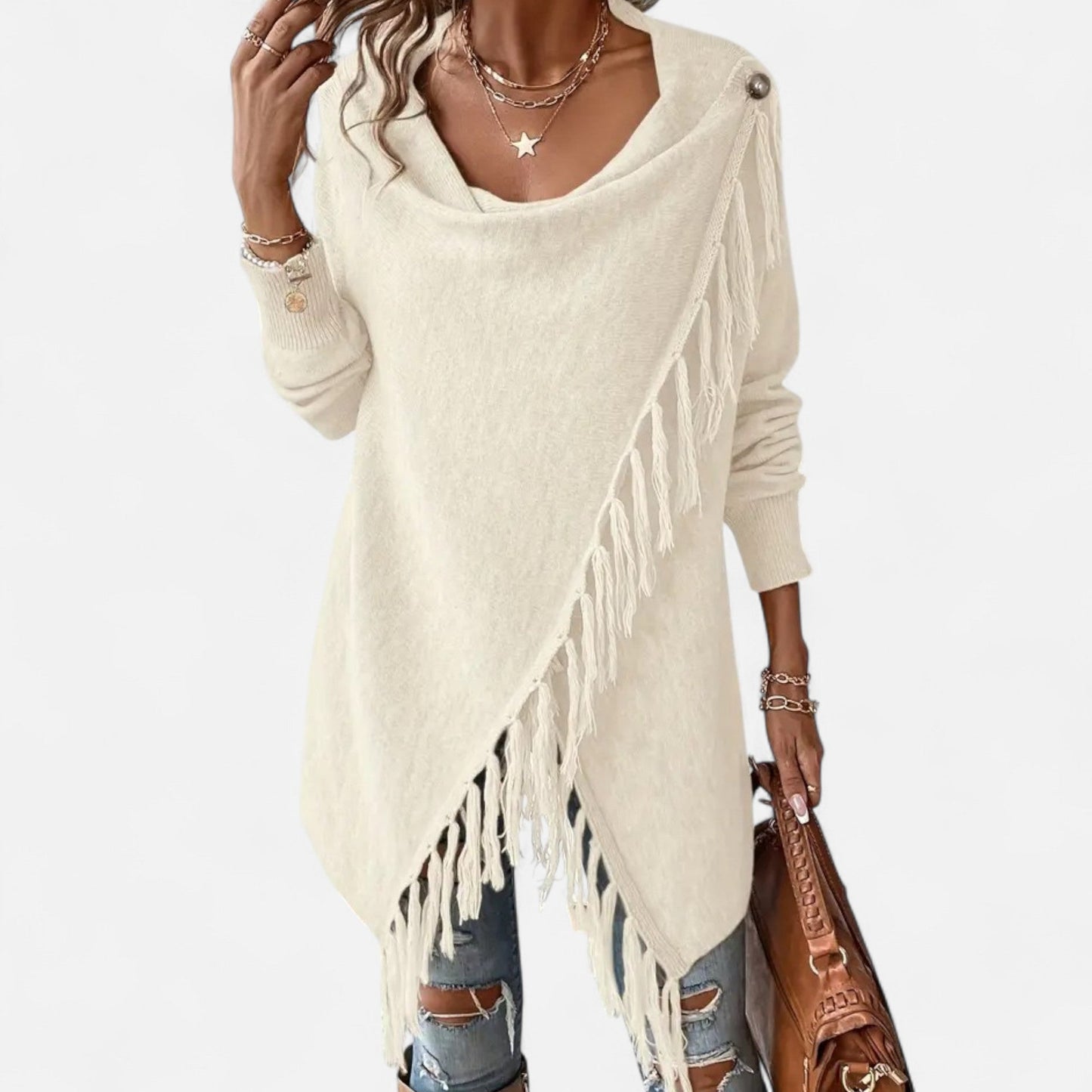 Damen Fransen-Pullover V-Ausschnitt Strickpullover Braun