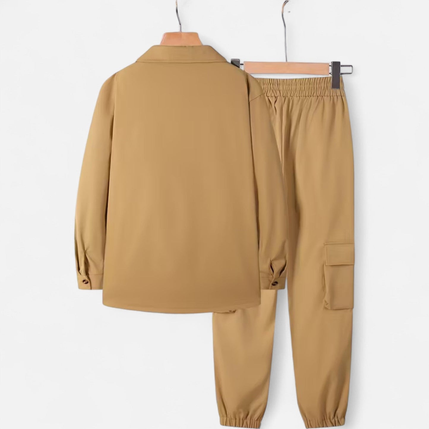 Herren Casual Workwear Set Multi-Taschen Hemd Jogger Kordelzug