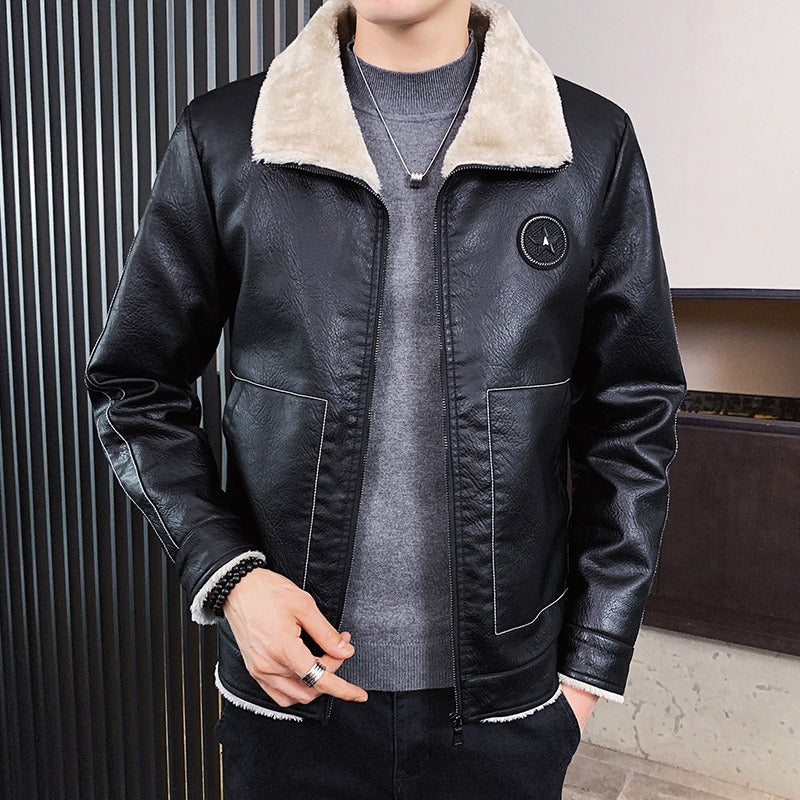 Herren Kunstlederjacke Regular Fit Fleecekragen Schwarz - Eveloria