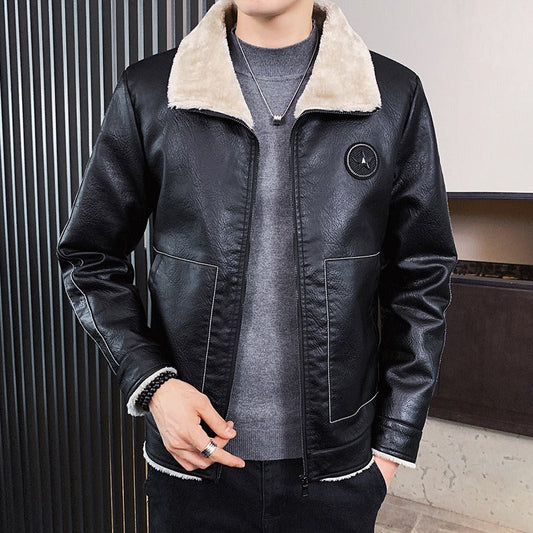 Herren Kunstlederjacke Regular Fit Fleecekragen Schwarz - Eveloria