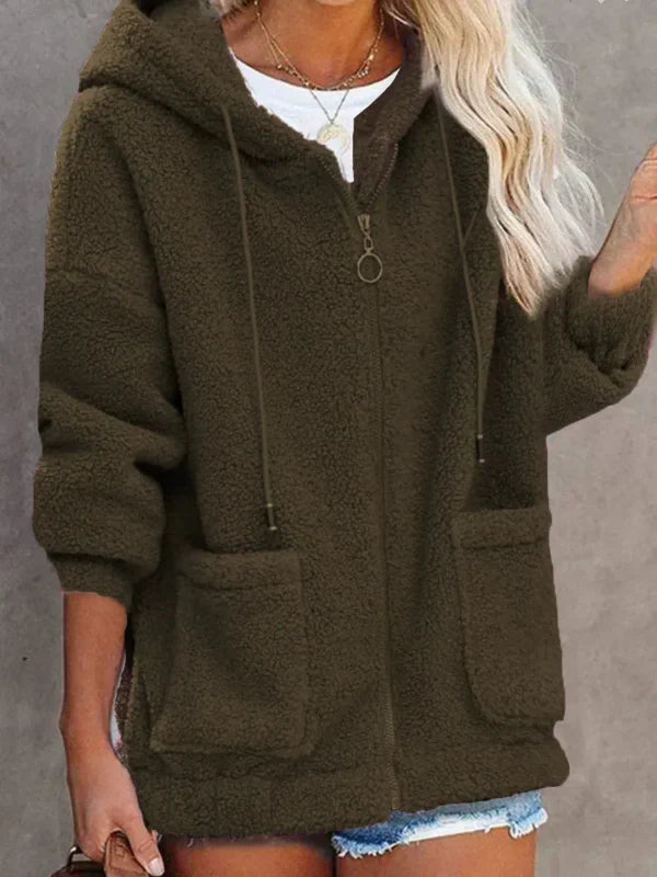 Damen Teddyjacke Oversized Kapuze Reißverschluss