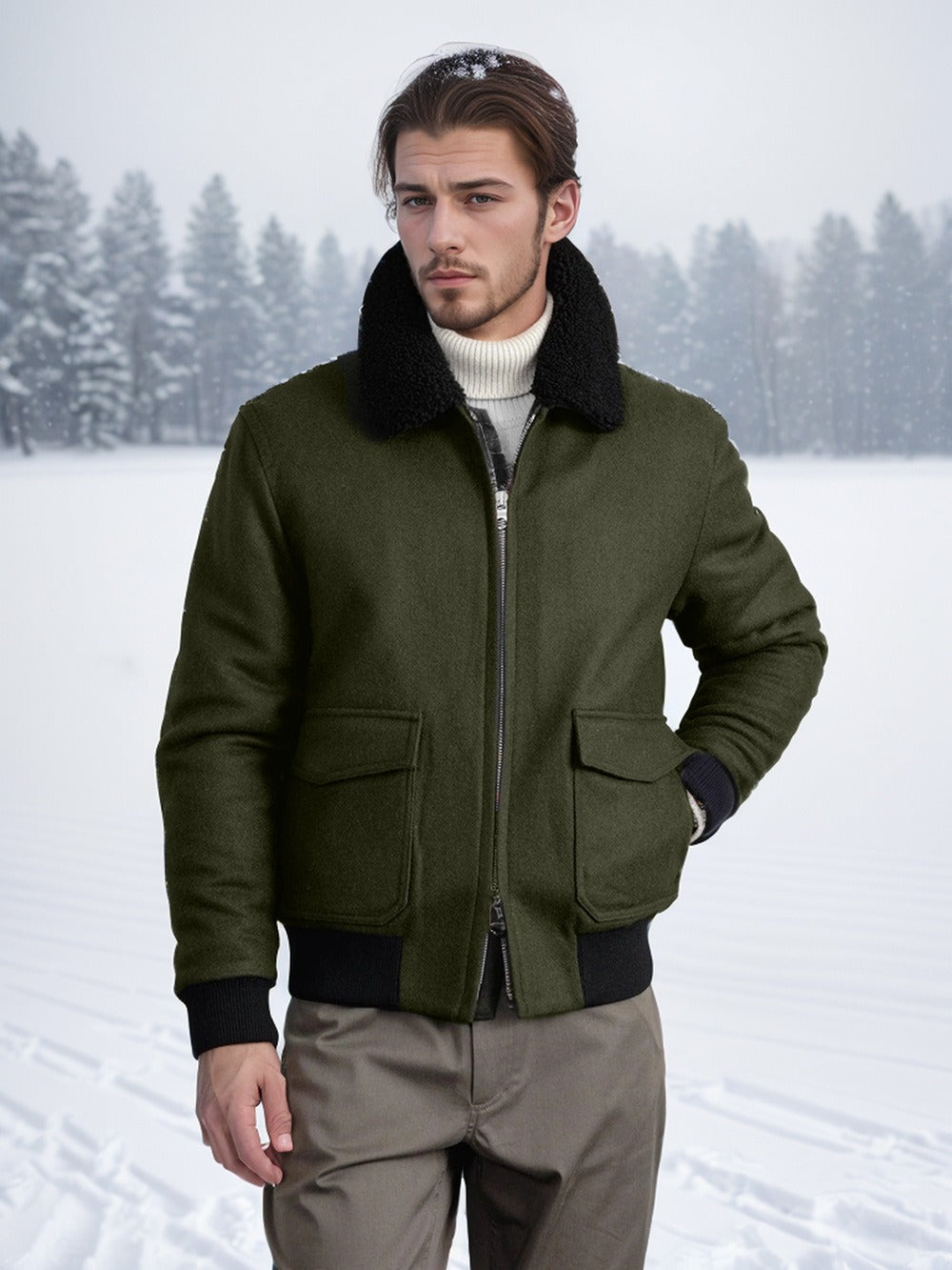 Herren Bomberjacke Shearling Kragen Zwei-Wege-Reißverschluss
