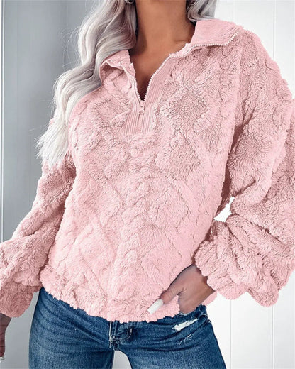 Eveloria Damen Oversized Pullover Fleece Halb Reißverschluss