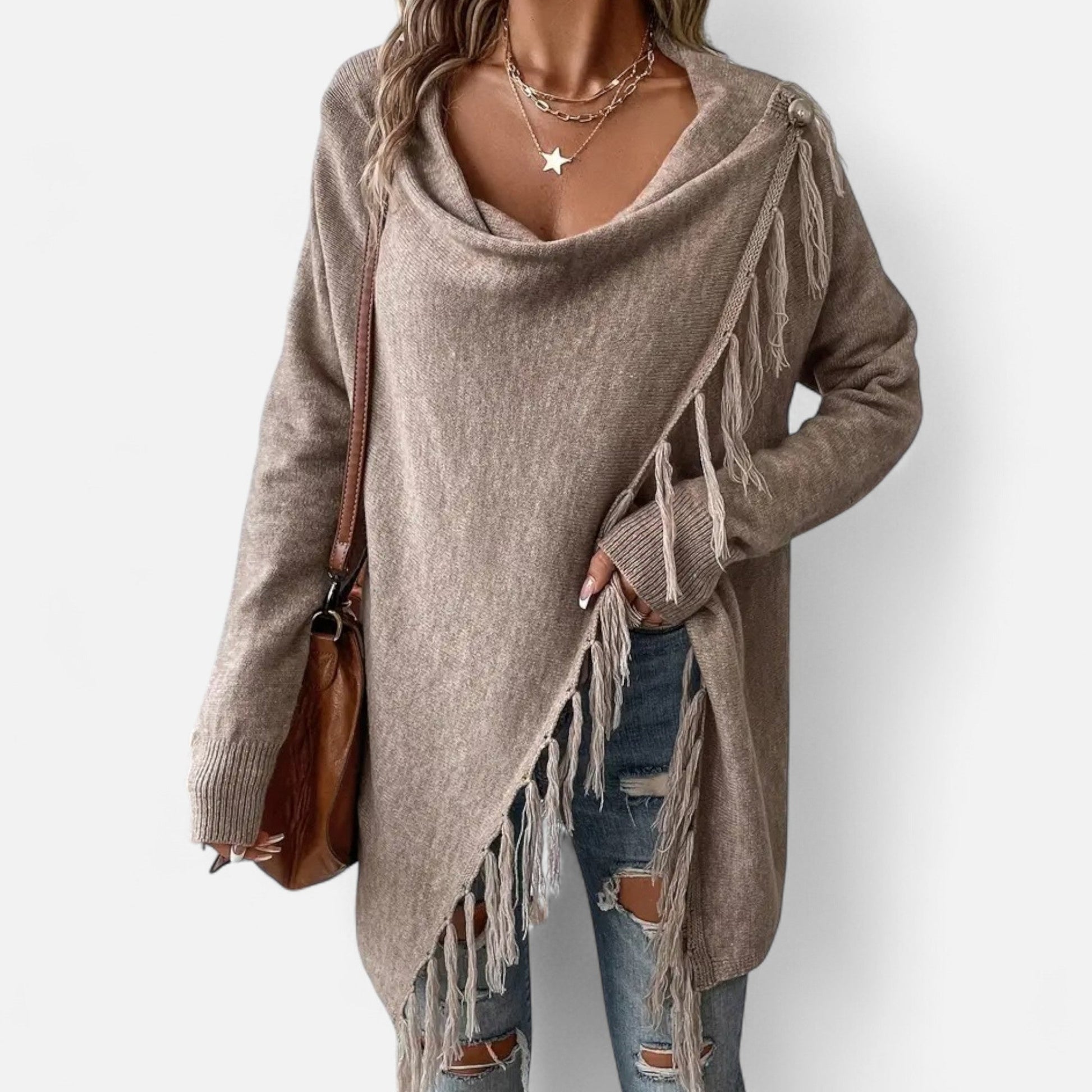 Damen Fransen-Pullover V-Ausschnitt Strickpullover Braun - Eveloria