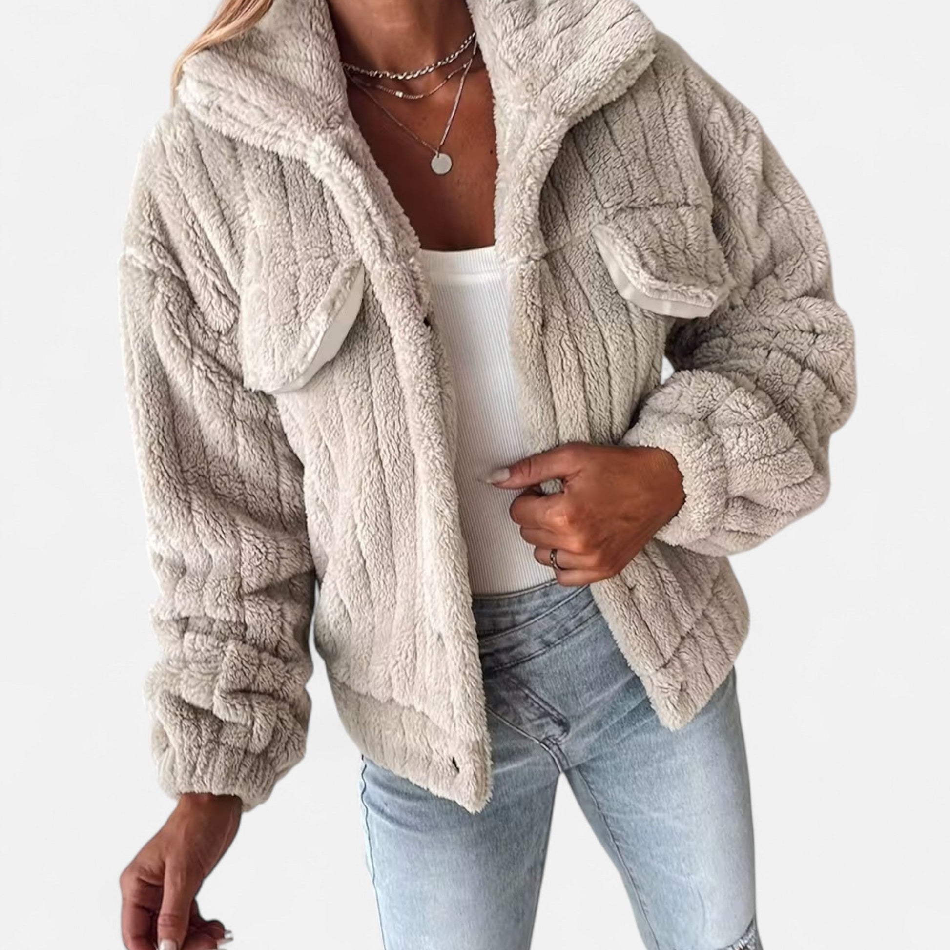 Damen Plüschjacke Dicke Warm Reverskragen Schwarz - Eveloria