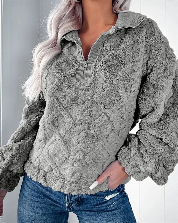Eveloria Damen Oversized Pullover Fleece Halb Reißverschluss