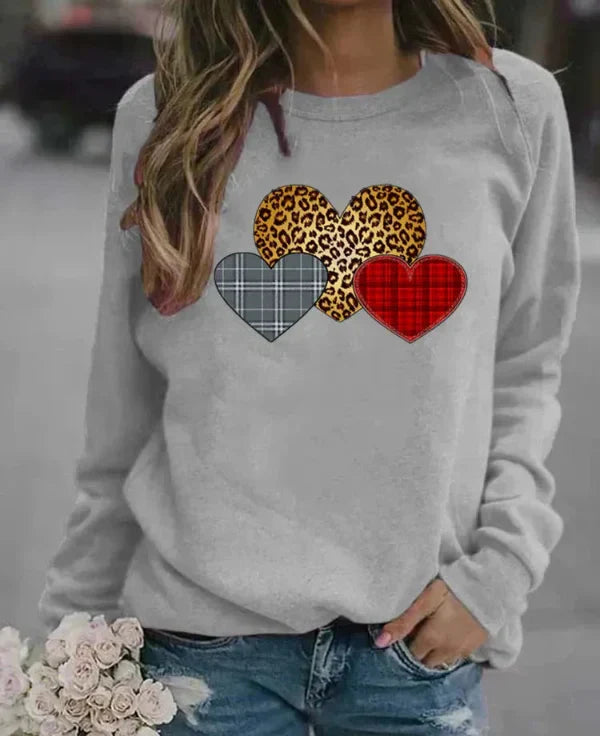 Eveloria Damen Sweatshirt Baumwollmischung Rundhals Herzdruck - Eveloria
