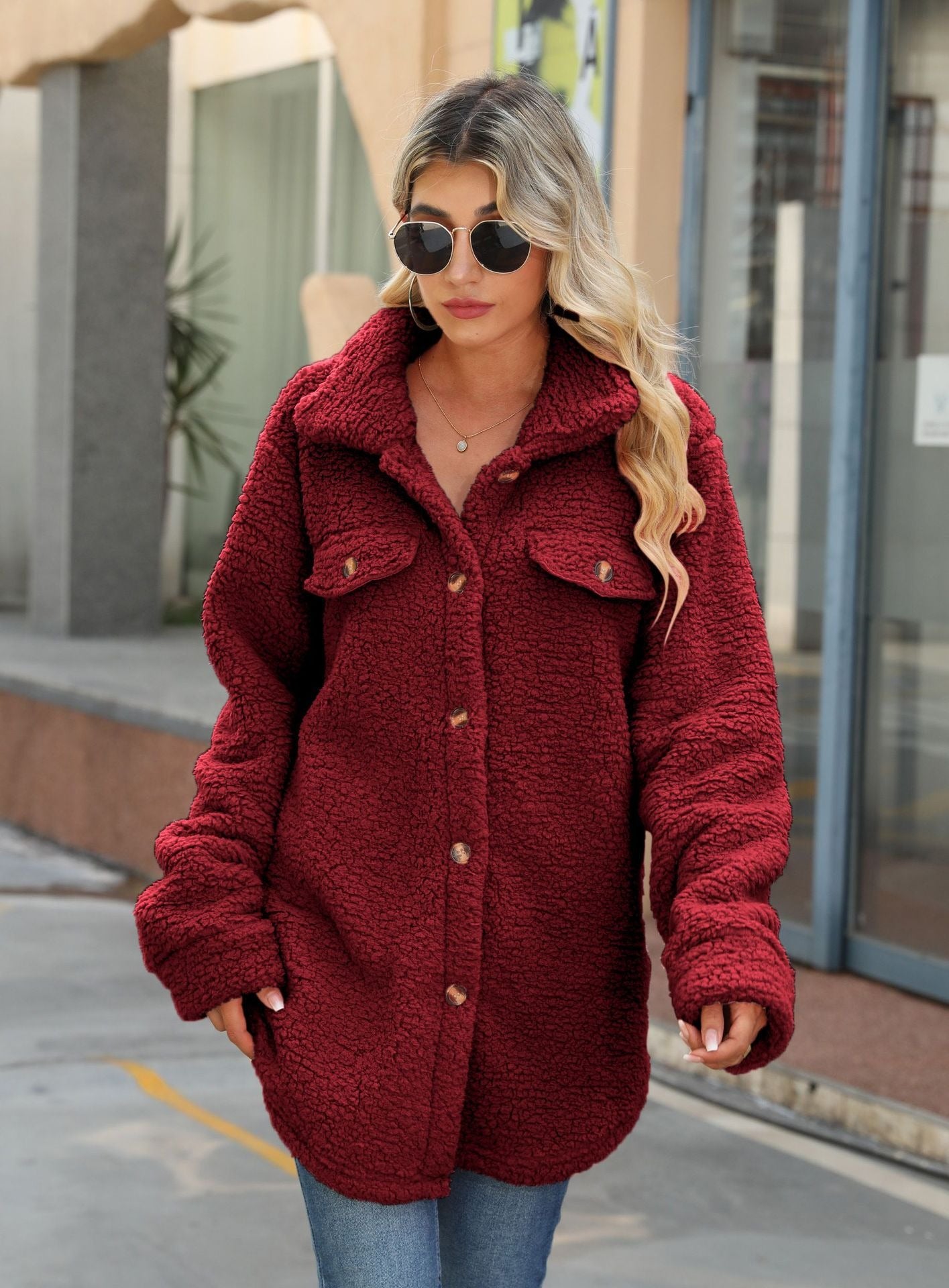 Damen Teddyfleece Shacket Oversized Lang mit Taschen