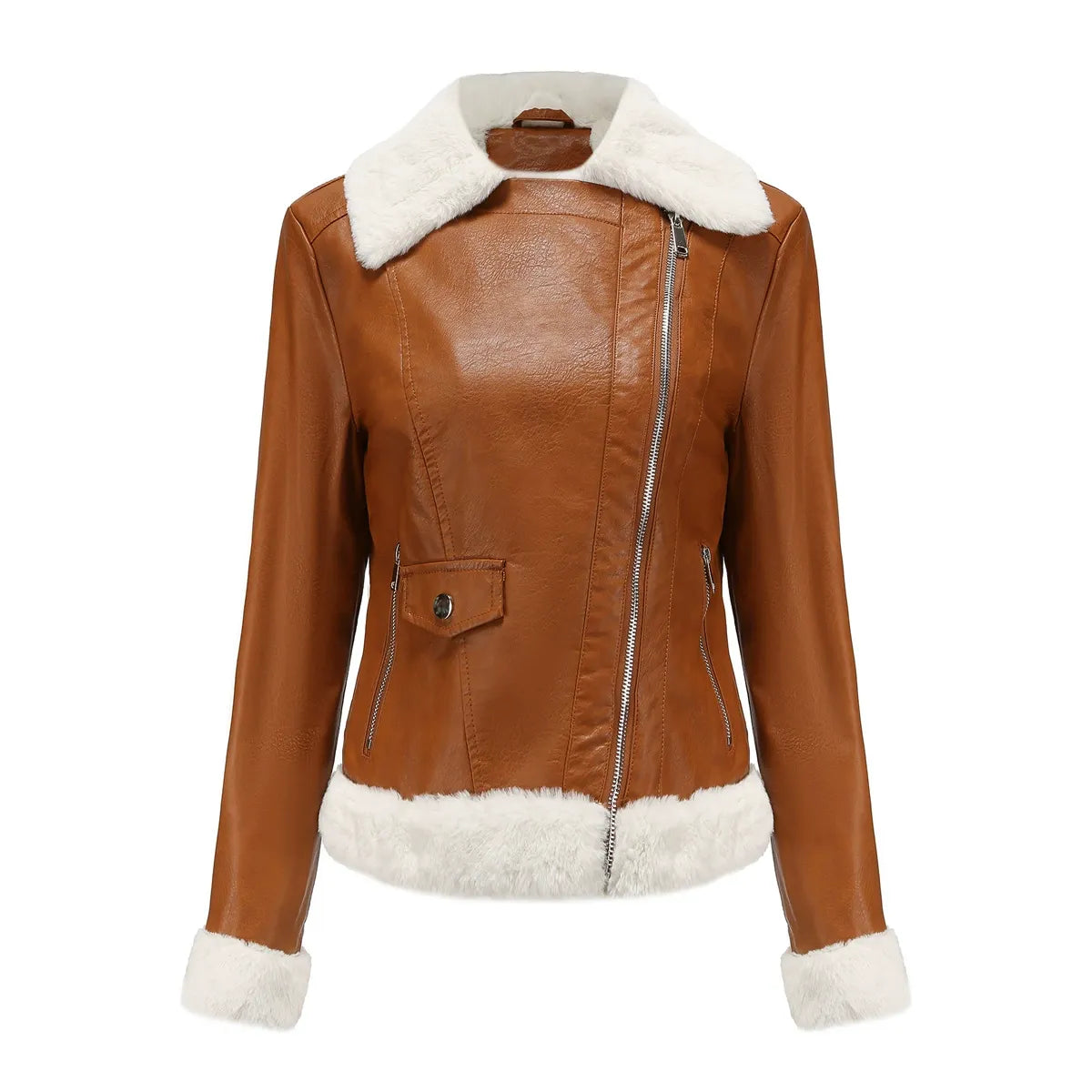 Damen Kunstlederjacke Fellfutter Asymmetrisch Schwarz - Eveloria