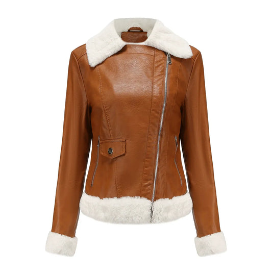 Damen Kunstlederjacke Fellfutter Asymmetrisch Schwarz - Eveloria