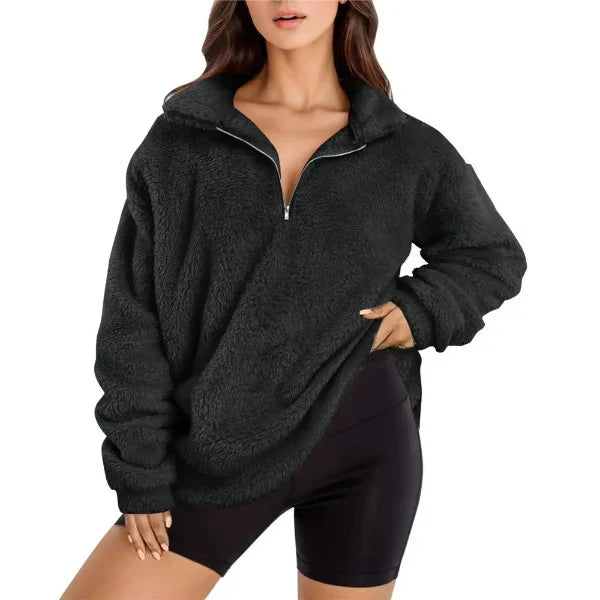 Eveloria Damen Fleecepullover Oversized Langarm Stehkragen Schwarz - Eveloria