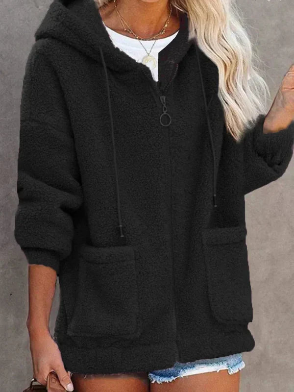 Damen Teddyjacke Oversized Kapuze Reißverschluss