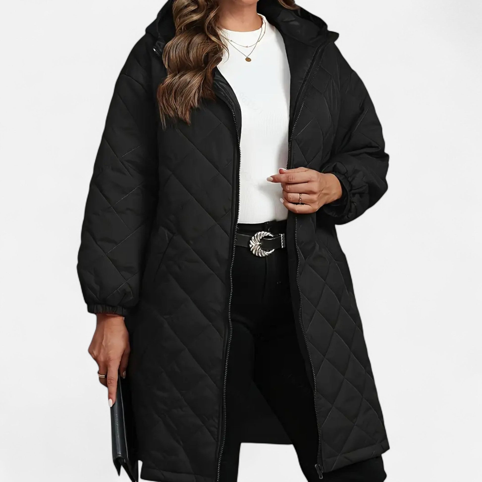 Damen Steppjacke mit Kapuze Lang Schwarz - Eveloria