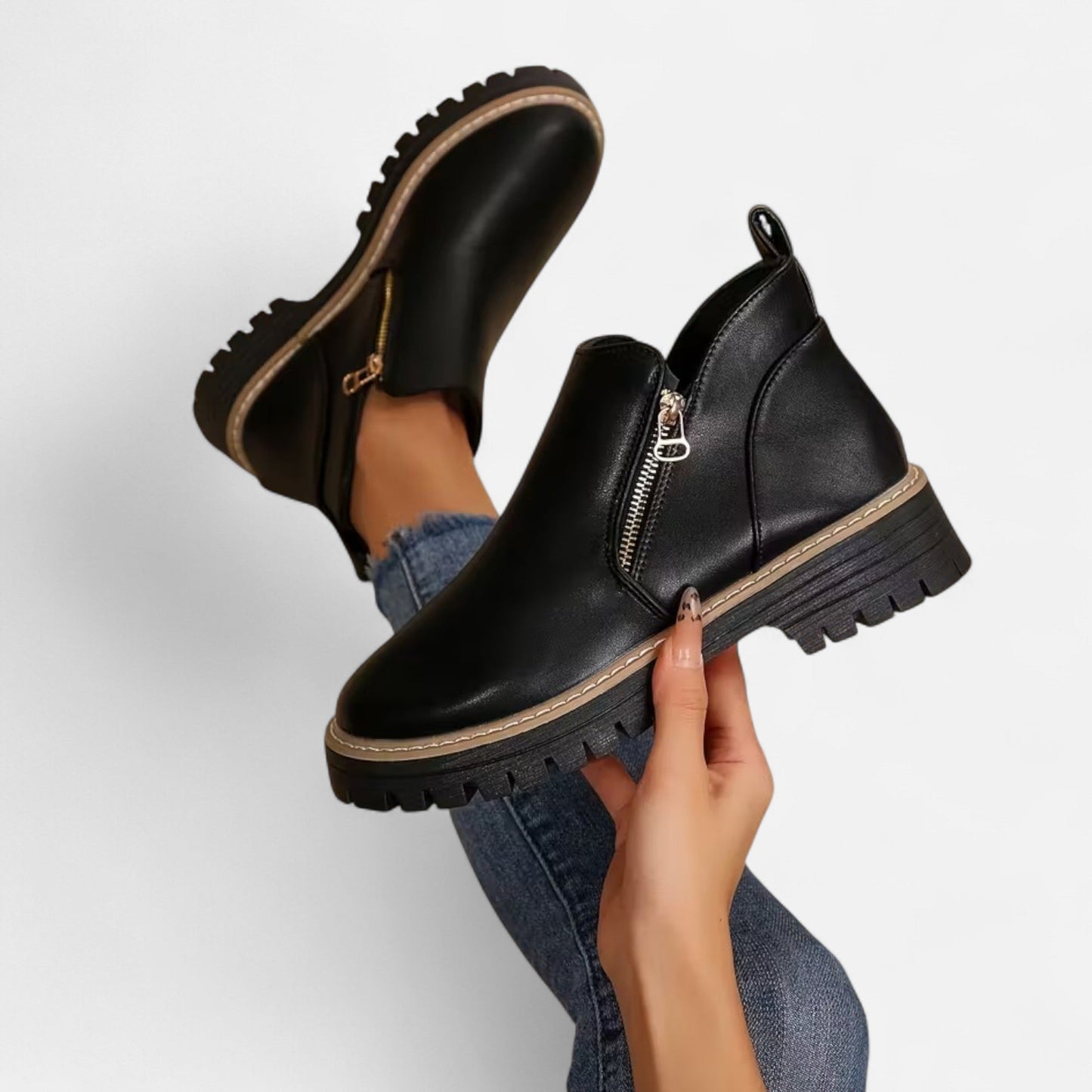 Damen Stiefeletten Robuste Sohle Reißverschluss Schwarz - Eveloria