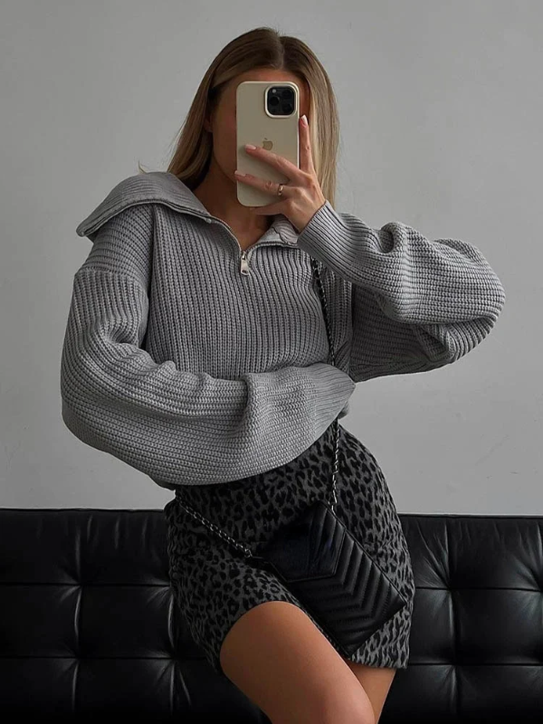 Eveloria Damen Pullover Wollstrick Lockere Passform Hoch Rippbesatz