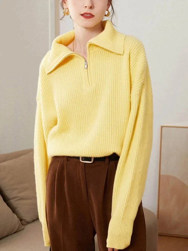 Eveloria Damen Pullover Wollstrick Lockere Passform Hoch Rippbesatz