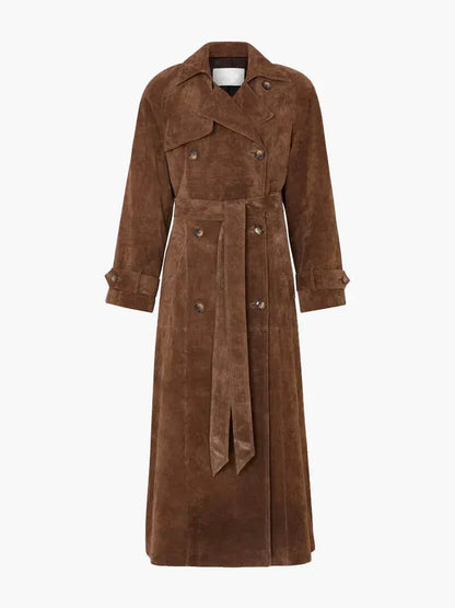 Damen Trenchcoat Tailliert Wildlederoptik Doppelreiher