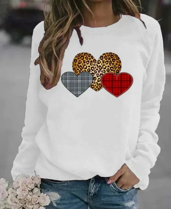 Eveloria Damen Sweatshirt Baumwollmischung Rundhals Herzdruck