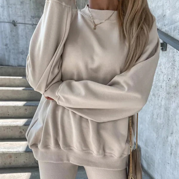 Damen Sweatshirt Oversized Rundhals Weiche Baumwolle Grau