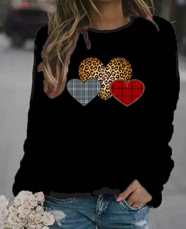 Eveloria Damen Sweatshirt Baumwollmischung Rundhals Herzdruck