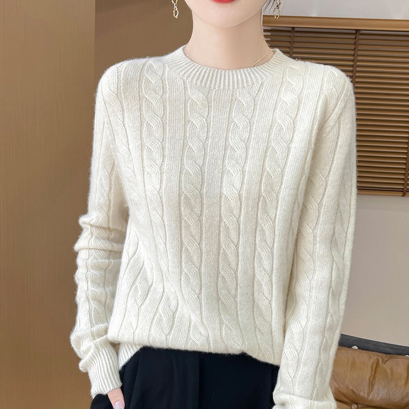 Eveloria Damen Pullover Wollstrick Lockere Passform Zopfmuster